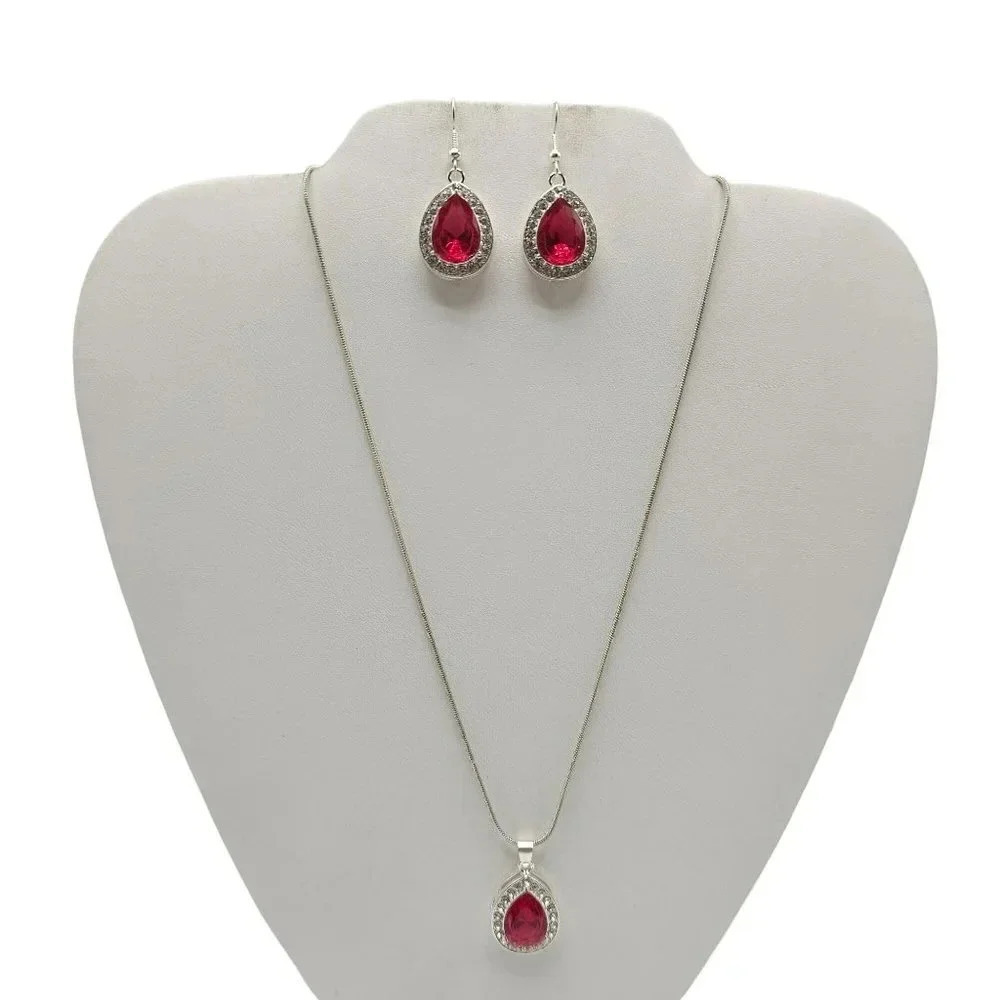 Clear Rhinestone Ruby Crystal Teardrop Pendant Necklace Earrings Ring Set